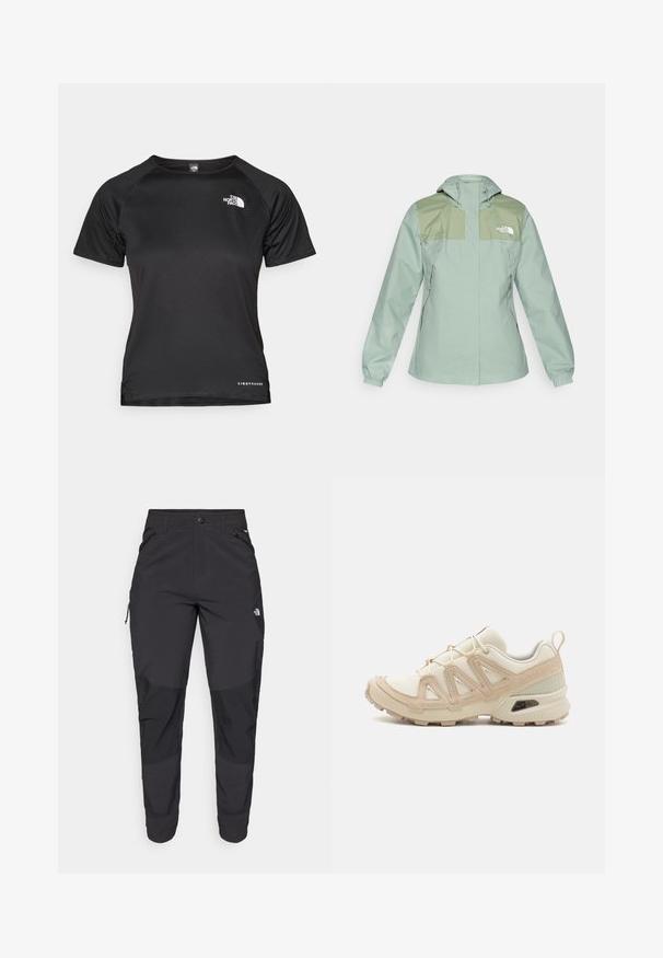 Casaco leve verde-claro resistente à água, com capuz, apresentando painéis de ombro verde-escuro, punhos elásticos e bolsos laterais com zíper.; Camisola atlética preta de mangas curtas, feita de tecido leve. Apresenta um decote redondo, padrão texturizado e um logótipo branco na parte superior esquerda do peito.; Calças pretas para exterior feitas de um tecido resistente. Apresentam bolsos com fecho, painéis de joelhos reforçados e um design de corte reto para maior mobilidade.; Sapatilha atlética beige e creme com parte superior em malha texturizada, sobreposições de suporte e sola de borracha com um padrão de cravo para tração.