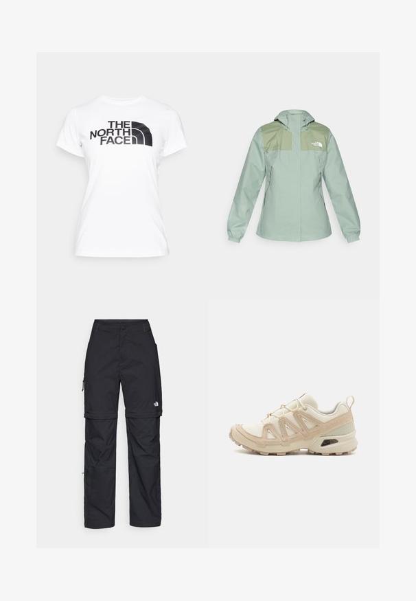 Ūdensizturīga gaiši zaļa jaka ar kapuci, komplektā ar tumši zaļām plecu daļām, elastīgām piedurknēm un ar rāvējslēdzēju aizveramām sānu kabatām.; Balts kokvilnas T-krekls ar melnu grafiku, kurā redzams "THE NORTH FACE" logo uz priekšpuses. Īsas piedurknes un apaļa kakla izgriezums.; Melni nailona bikses ar noņemamām kājām, regulējamiem uzmavām, vairākām kabatām un logotipu uz labās kājas. Gluda, viegla tekstūra.; Beige un krēma sporta apavi ar strukturētu tīkla virsmu, atbalstošajiem slāņiem un gumijas zoli ar protektoru rakstu, kas nodrošina saķeri.