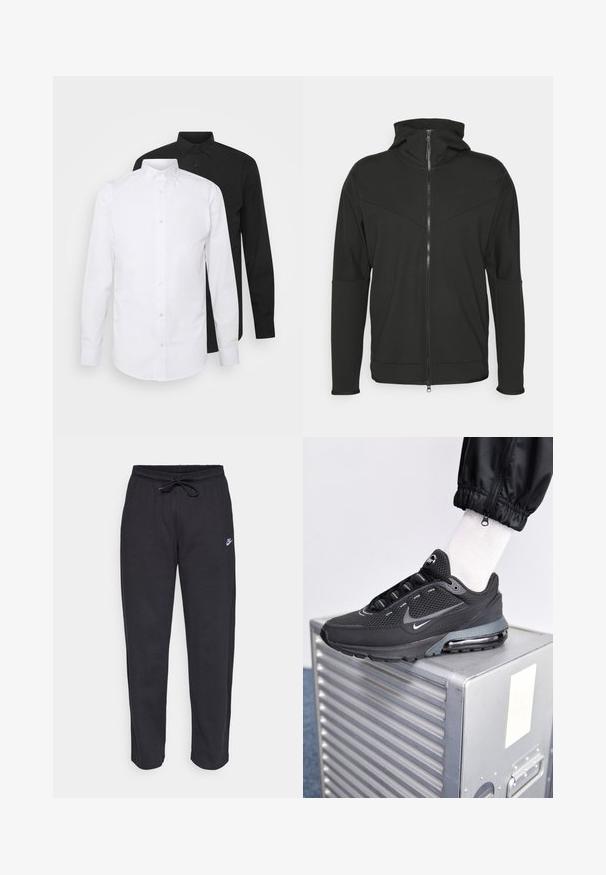 Sudadera negra con cremallera y cuello alto, hecha de una tela suave. Presenta un diseño de costura diagonal y un logotipo sutil en el pecho.; Dos camisas de manga larga, una blanca y otra negra, con cuello de punta y cierre de botones, hechas de tela suave.; Pantalones de chándal negros hechos de una tela suave, con cintura elástica, cordón y un pequeño logo de Nike en el muslo izquierdo.; Nike Sportswear PULSE - Zapatillas - black/anthracite