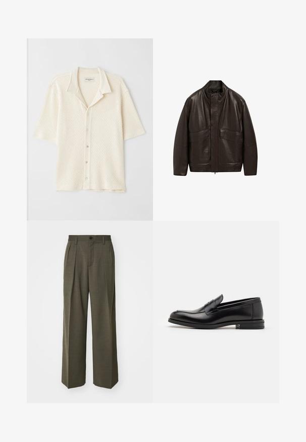 Braune Lederjacke mit hohem Kragen, Reißverschluss und zwei großen Fronttaschen; zeichnet sich durch eine glatte Textur und einen lässigen Schnitt aus.; Reiss Strickpullover - dark bordeaux; Kurzärmliges Hemd mit Kragen in Creme, aus strukturiertem Stoff mit Diamantmustern, fünf Knopfverschluss und lockerer Passform.; Filippa K WIDE TROUSERS - Stoffhose - driftwood; Schwarze Lederloafers mit glatter Textur, rundem Zehenbereich und einem dekorativen Riemen über dem Vorderfuß. Niedriger, gestapelter Absatz, minimalistisches Design.