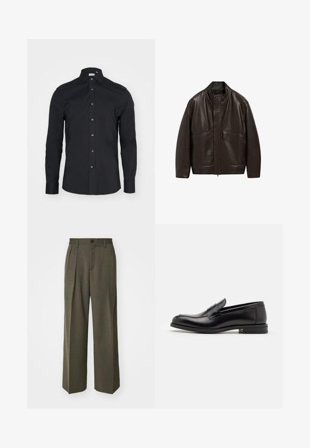 Hnědá kožená bunda s vysokým límcem, zipovým zapínáním a dvěma velkými předními kapsami; má hladkou texturu a volný střih.; Reiss Svetr - dark bordeaux; Černá košile s dlouhým rukávem a klasickým límečkem. Vyrobena z hladké látky, má přední knoflíky a zaoblené manžety.; Filippa K WIDE TROUSERS - Kalhoty - driftwood; Černé kožené polobotky s hladkou texturou, zaoblenou špičkou a zdobným páskem přes nárt. Nízký stohovaný podpatek, minimalistický design.
