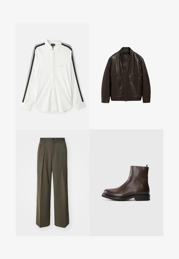Brązowa skórzana kurtka z wysokim kołnierzem, zapięciem na zamek i dwiema dużymi kieszeniami z przodu; charakteryzuje się gładką fakturą i luźnym krojem.; Reiss - Sweter; Biała koszula zapinana na guziki z czarnymi i beżowymi paskami na rękawach, z ostro zakończonym kołnierzykiem oraz wyhaftowanym logo marki na klatce piersiowej.; Filippa K - Spodnie materiałowe; Brązowe skórzane botki za kostkę o gładkiej powierzchni, z elastycznymi bocznymi panelami, pętelką z tyłu oraz wytrzymałą gumową podeszwą.