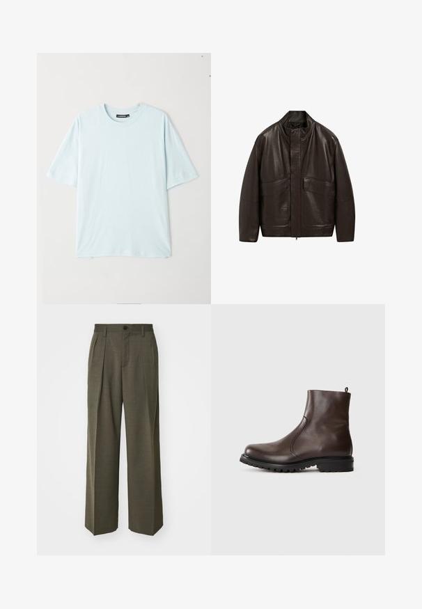Hnědá kožená bunda s vysokým límcem, zipovým zapínáním a dvěma velkými předními kapsami; má hladkou texturu a volný střih.; Reiss Svetr - dark bordeaux; Světle modré tričko s krátkým rukávem a kulatým výstřihem, vyrobené z měkké tkaniny. Má volný střih a hladkou texturu bez vzorů nebo akcentů.; Filippa K WIDE TROUSERS - Kalhoty - driftwood; Hnědé kožené kotníkové boty s hladkým povrchem, elastickými postranními panely, poutkem na zadní straně a robustní gumovou podrážkou.