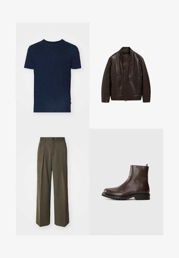 Brązowa skórzana kurtka z wysokim kołnierzem, zapięciem na zamek i dwiema dużymi kieszeniami z przodu; charakteryzuje się gładką fakturą i luźnym krojem.; Reiss - Sweter; Granatowy T-shirt wykonany z miękkiej tkaniny, z okrągłym dekoltem i krótkimi rękawami, o luźnym kroju, bez widocznych wzorów czy akcentów.; Filippa K - Spodnie materiałowe; Brązowe skórzane botki za kostkę o gładkiej powierzchni, z elastycznymi bocznymi panelami, pętelką z tyłu oraz wytrzymałą gumową podeszwą.