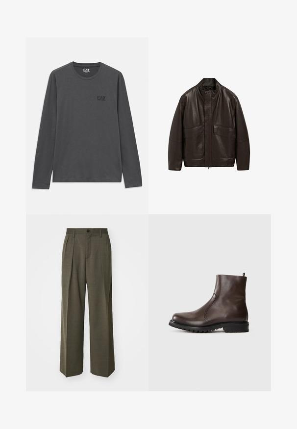 Brązowa skórzana kurtka z wysokim kołnierzem, zapięciem na zamek i dwiema dużymi kieszeniami z przodu; charakteryzuje się gładką fakturą i luźnym krojem.; Reiss - Sweter; Czarna szara koszula z długim rękawem i dekoltem w serek z małym logiem EA7 Emporio Armani na lewej piersi.; Filippa K - Spodnie materiałowe; Brązowe skórzane botki za kostkę o gładkiej powierzchni, z elastycznymi bocznymi panelami, pętelką z tyłu oraz wytrzymałą gumową podeszwą.