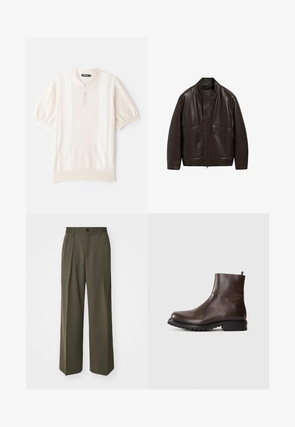 Bruine leren jas met een hoge kraag, ritssluiting en twee grote zijzakken; heeft een gladde textuur en een ontspannen pasvorm.; Reiss Trui - dark bordeaux; Crèmekleurig polo shirt met korte mouwen, voorzien van een gladde textuur, drie knopen, subtiele verticale strepen en een klassiek kraagontwerp.; Filippa K WIDE TROUSERS - Broek - driftwood; Bruine leren enkelboot met een gladde textuur, elastische zijpanelen, een trekband aan de achterkant en een robuuste rubberen zool.