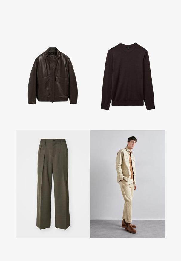 Braune Lederjacke mit hohem Kragen, Reißverschluss und zwei großen Fronttaschen; zeichnet sich durch eine glatte Textur und einen lässigen Schnitt aus.; Reiss Strickpullover - dark bordeaux; Filippa K WIDE TROUSERS - Stoffhose - driftwood; Beige Baumwolljacke mit zwei Brusttaschen über einem braunen Hemd und passenden beigen Hosen. Braune Lederstiefeletten runden das Outfit ab.