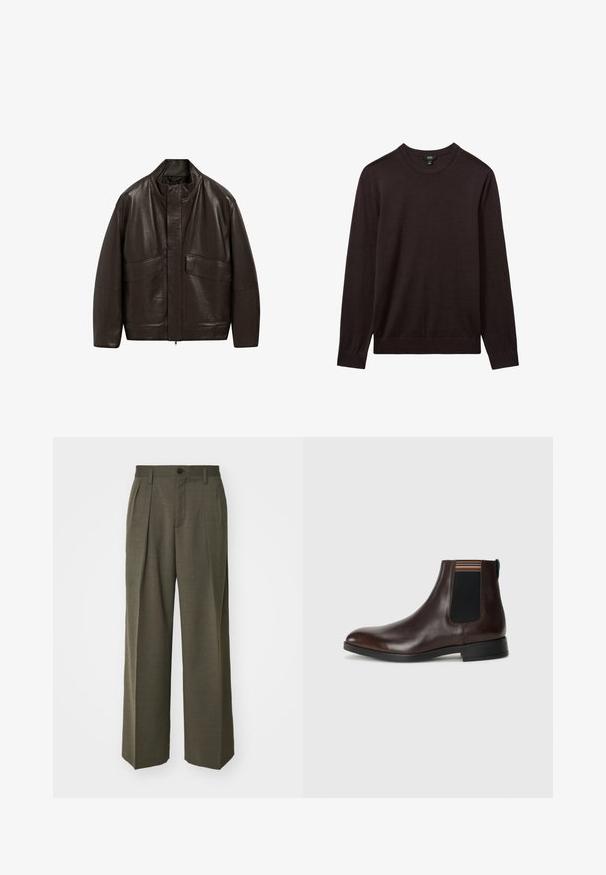 Brun läderjacka med hög krage, dragkedjestängning och två stora framfickor; har en slät yta och en avslappnad passform.; Reiss Stickad tröja - dark bordeaux; Filippa K WIDE TROUSERS - Tygbyxor - driftwood; Brun läder Chelsea-boot med en slät yta, elastiska sidopaneler och en flerfärgad randig detalj högst upp. Rund tå och svart sula.