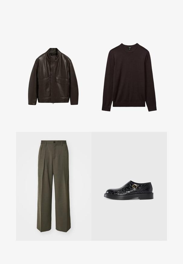 Braune Lederjacke mit hohem Kragen, Reißverschluss und zwei großen Fronttaschen; zeichnet sich durch eine glatte Textur und einen lässigen Schnitt aus.; Reiss Strickpullover - dark bordeaux; Filippa K WIDE TROUSERS - Stoffhose - driftwood; Schwarzer Lederschuh mit krokodilpräge-textur, runder Zehenform, flacher Gummisohle und einem goldfarbenen quadratischen Schnallen-Detail an der Seite.