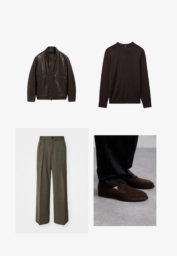 Brown leather jacket with a high collar, zip closure, and two large front pockets; features a smooth texture and relaxed fit design.; Reiss Jumper - dark bordeaux; Filippa K WIDE TROUSERS - Trousers - driftwood; Bally CHARNEY - Smart slip-ons - ebano