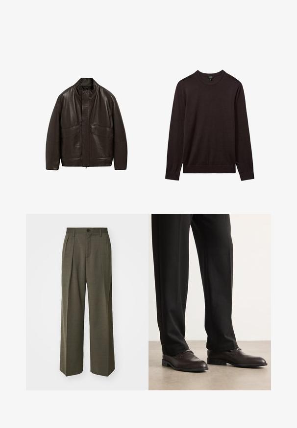 Hnědá kožená bunda s vysokým límcem, zipovým zapínáním a dvěma velkými předními kapsami; má hladkou texturu a volný střih.; Reiss Svetr - dark bordeaux; Filippa K WIDE TROUSERS - Kalhoty - driftwood; BOSS TAYIL - Elegantní nazouvací boty - dark brown