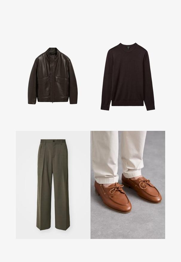 Veste en cuir marron avec un col haut, fermeture éclair et deux grandes poches avant ; présente une texture lisse et un design décontracté.; Reiss Pullover - dark bordeaux; Filippa K WIDE TROUSERS - Pantalon classique - driftwood; Bally PATHY - Derbies - deserto