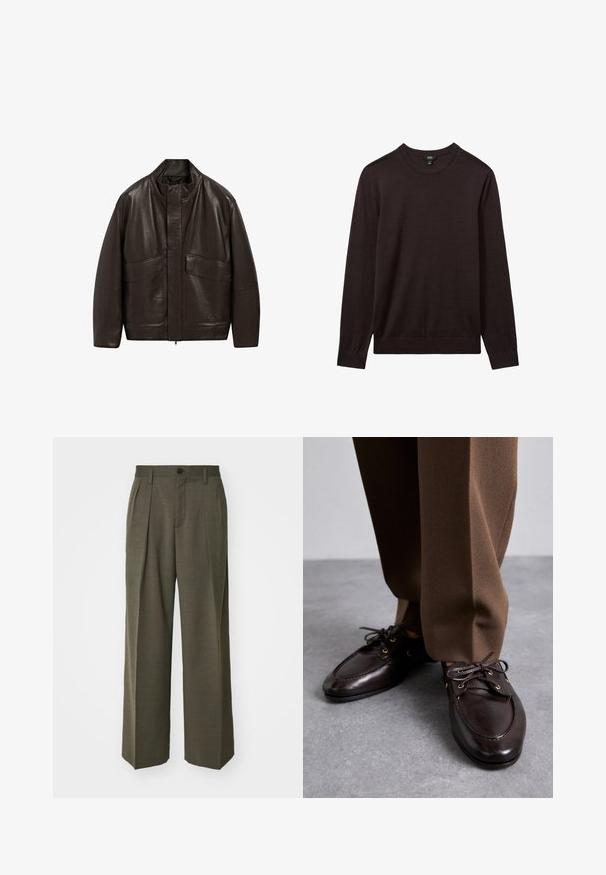 Giubbotto in pelle marrone con colletto alto, chiusura a zip e due grandi tasche frontali; presenta una texture liscia e un design dalla vestibilità comoda.; Reiss Maglione - dark bordeaux; Filippa K WIDE TROUSERS - Pantaloni - driftwood; Bally PATHY - Stringate - ebano