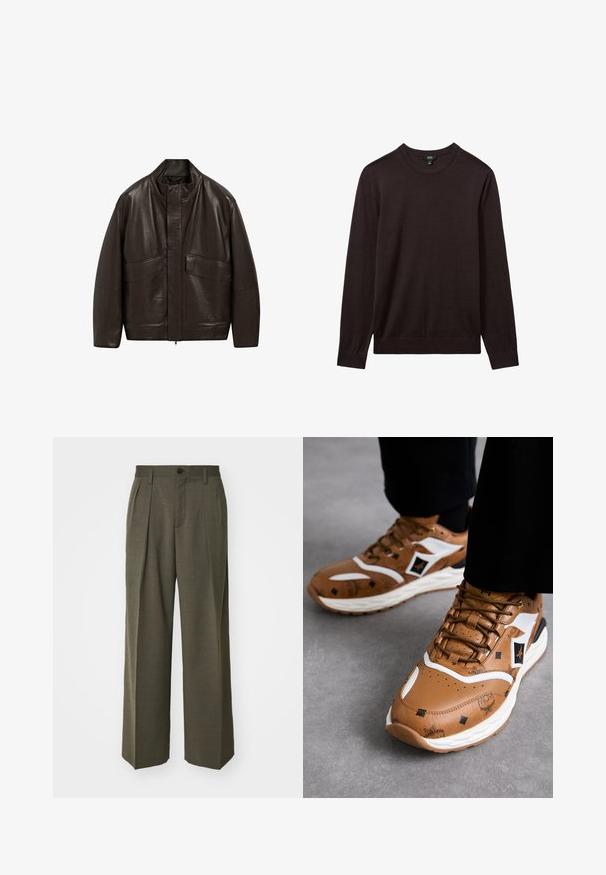 Brązowa skórzana kurtka z wysokim kołnierzem, zapięciem na zamek i dwiema dużymi kieszeniami z przodu; charakteryzuje się gładką fakturą i luźnym krojem.; Reiss - Sweter; Filippa K - Spodnie materiałowe; Brązowe skórzane trampki z białymi akcentami, teksturowanymi wzorami i złotymi detalami; gruba biała podeszwa; okrągły nos i sznurowany design.