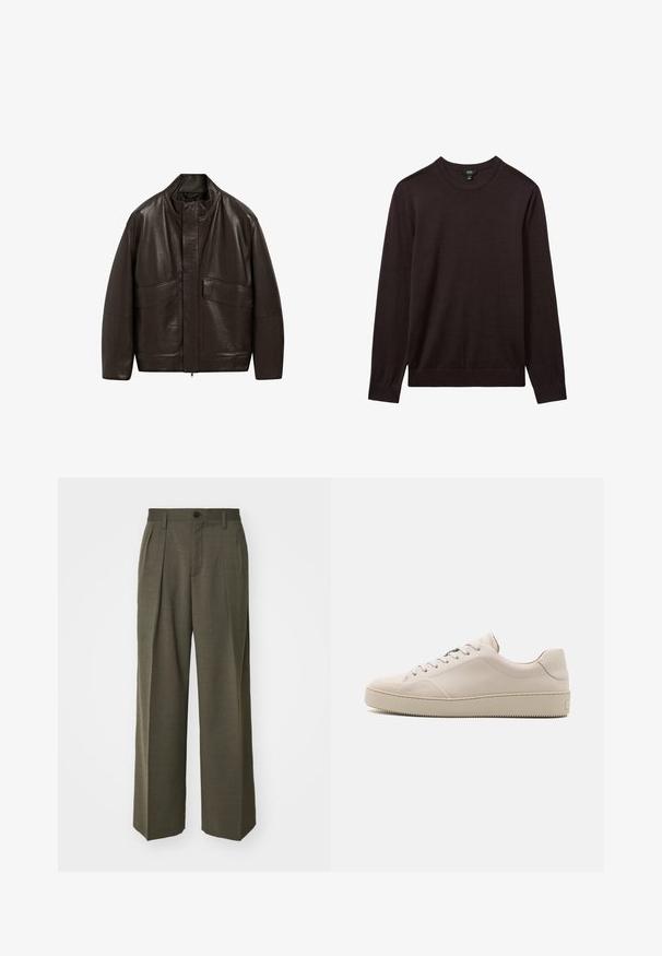 Brun læderjakke med høj krave, lynlås lukning og to store forlommer; har en glat tekstur og et afslappet fit design.; Reiss Striktrøje - dark bordeaux; Filippa K WIDE TROUSERS - Bukser - driftwood; Beige lædersneakers med en glat finish, rund tå, flad sål og klassisk snøredesign. Subtile syninger og struktureret ydersål.