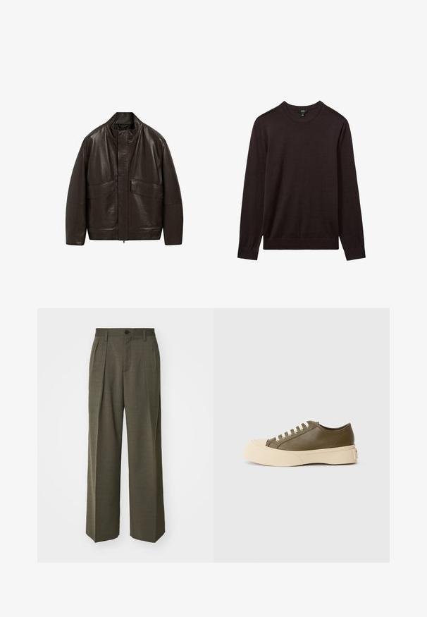 Veste en cuir marron avec un col haut, fermeture éclair et deux grandes poches avant ; présente une texture lisse et un design décontracté.; Reiss Pullover - dark bordeaux; Filippa K WIDE TROUSERS - Pantalon classique - driftwood; Baskets basses vert olive avec une épaisse semelle crème et des lacets blancs, présentées sur un fond blanc uni.