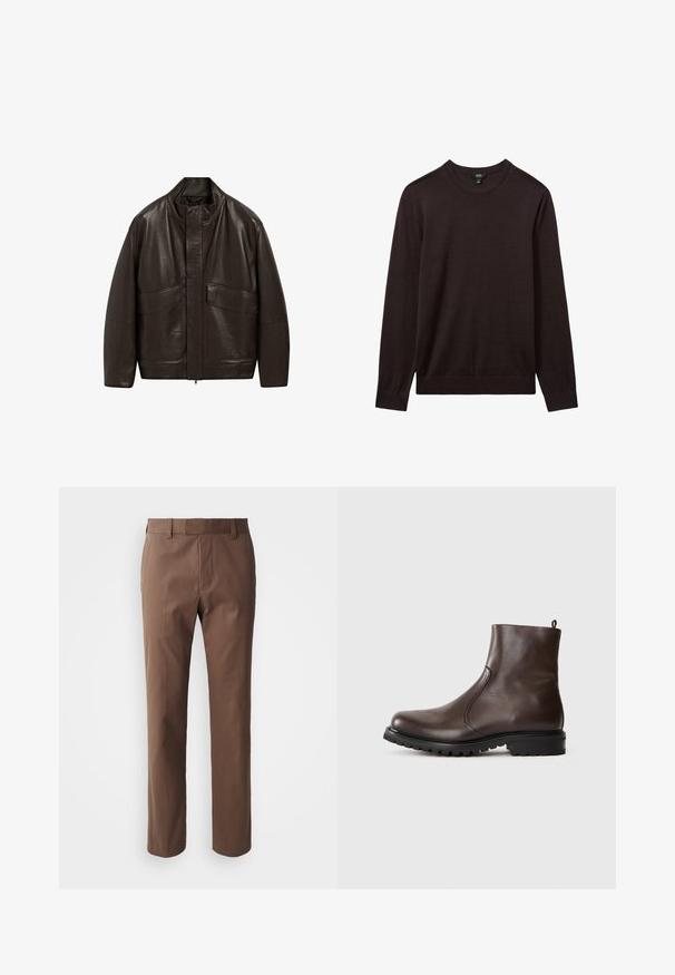 Brązowa skórzana kurtka z wysokim kołnierzem, zapięciem na zamek i dwiema dużymi kieszeniami z przodu; charakteryzuje się gładką fakturą i luźnym krojem.; Reiss - Sweter; Brązowe spodnie o dopasowanym kroju, z płaskim przodem i dwiema bocznymi kieszeniami. Wykonane z gładkiego materiału o czystym wykończeniu i bez widocznych wzorów.; Brązowe skórzane botki za kostkę o gładkiej powierzchni, z elastycznymi bocznymi panelami, pętelką z tyłu oraz wytrzymałą gumową podeszwą.