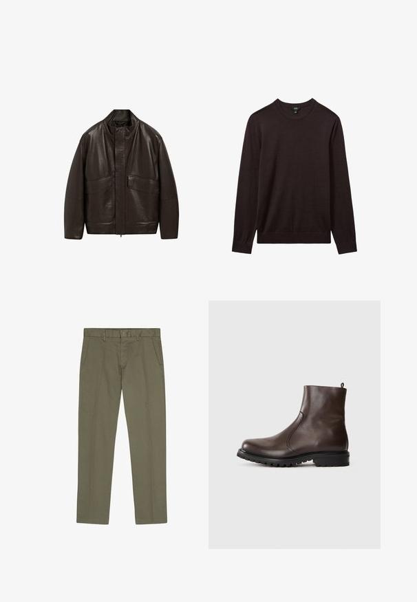 Brun läderjacka med hög krage, dragkedjestängning och två stora framfickor; har en slät yta och en avslappnad passform.; Reiss Stickad tröja - dark bordeaux; NN.07 THEO - Chinos - capers; Brun läderankelboot med en slät yta, elastiska sidopaneler, dragflik bak och en robust gummisula.