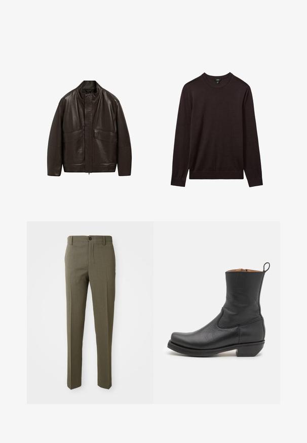 Brun läderjacka med hög krage, dragkedjestängning och två stora framfickor; har en slät yta och en avslappnad passform.; Reiss Stickad tröja - dark bordeaux; Olivgröna skräddarsydda byxor med en slät yta, rak bendesign, en framknapp och sidofickor för funktionalitet.; Svart läderankelsko med en slät yta, smal profil, sidostickningar och en låg, fyrkantig klack. Har en dra-flik bak.