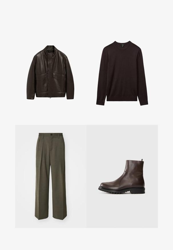 Brązowa skórzana kurtka z wysokim kołnierzem, zapięciem na zamek i dwiema dużymi kieszeniami z przodu; charakteryzuje się gładką fakturą i luźnym krojem.; Reiss - Sweter; Filippa K - Spodnie materiałowe; Brązowe skórzane botki za kostkę o gładkiej powierzchni, z elastycznymi bocznymi panelami, pętelką z tyłu oraz wytrzymałą gumową podeszwą.
