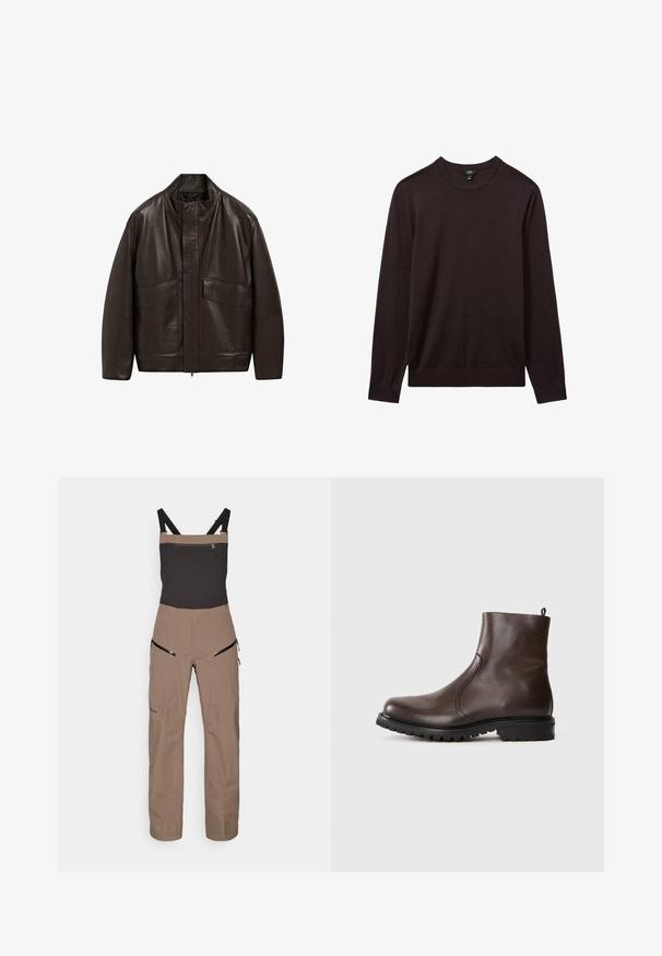 Hnědá kožená bunda s vysokým límcem, zipovým zapínáním a dvěma velkými předními kapsami; má hladkou texturu a volný střih.; Reiss Svetr - dark bordeaux; Hnědé a černé venkovní kombinézové kalhoty s nastavitelnými ramenními popruhy a zipovými kapsami na hrudi a stehnech.; Hnědé kožené kotníkové boty s hladkým povrchem, elastickými postranními panely, poutkem na zadní straně a robustní gumovou podrážkou.