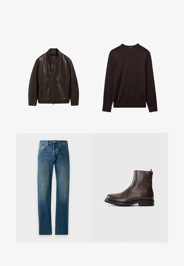 Brun läderjacka med hög krage, dragkedjestängning och två stora framfickor; har en slät yta och en avslappnad passform.; Reiss Stickad tröja - dark bordeaux; Blå denimjeans med rak bendesign, som har en femficksstil, subtil blekning och kontrasterande sömnadsdetaljer.; Brun läderankelboot med en slät yta, elastiska sidopaneler, dragflik bak och en robust gummisula.