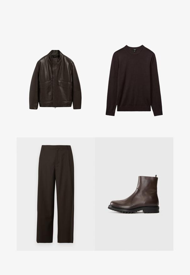 Hnědá kožená bunda s vysokým límcem, zipovým zapínáním a dvěma velkými předními kapsami; má hladkou texturu a volný střih.; Reiss Svetr - dark bordeaux; Hnědé kalhoty s širokými nohavicemi vyrobené z hladké látky, s plochým předním dílem bez viditelných kapes či ozdob.; Hnědé kožené kotníkové boty s hladkým povrchem, elastickými postranními panely, poutkem na zadní straně a robustní gumovou podrážkou.