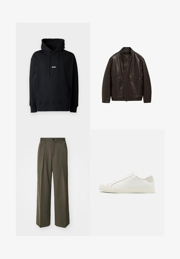 Giubbotto in pelle marrone con colletto alto, chiusura a zip e due grandi tasche frontali; presenta una texture liscia e un design dalla vestibilità comoda.; Felpa nera con cappuccio regolabile, tasca a marsupio anteriore, polsini e orlo a coste, con un piccolo logo bianco "MSGM" sul petto.; Filippa K WIDE TROUSERS - Pantaloni - driftwood; Sneaker bianca in pelle con superficie liscia, punta rotonda e design minimalista. Presenta dettagli beige sul tallone e una suola in gomma.