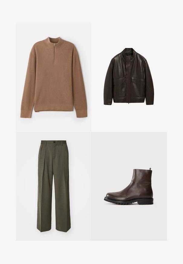Brown leather jacket with a high collar, zip closure, and two large front pockets; features a smooth texture and relaxed fit design.; Brown ribbed pullover with a high collar and half-zip closure. Features long sleeves and a straight hem with side slits for ease of movement.; Filippa K WIDE TROUSERS - Trousers - driftwood; Brown leather ankle boot with a smooth texture, elastic side panels, pull tab at the back, and a rugged rubber sole.