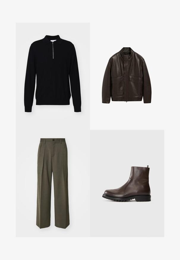 Bruine leren jas met een hoge kraag, ritssluiting en twee grote zijzakken; heeft een gladde textuur en een ontspannen pasvorm.; Zwarte longsleeve trui met een ritscol, gemaakt van gebreide stof. Heeft een slim fit ontwerp en ribbelmanchetten en -zoom.; Filippa K WIDE TROUSERS - Broek - driftwood; Bruine leren enkelboot met een gladde textuur, elastische zijpanelen, een trekband aan de achterkant en een robuuste rubberen zool.