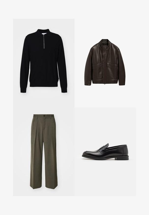Bruine leren jas met een hoge kraag, ritssluiting en twee grote zijzakken; heeft een gladde textuur en een ontspannen pasvorm.; Zwarte longsleeve trui met een ritscol, gemaakt van gebreide stof. Heeft een slim fit ontwerp en ribbelmanchetten en -zoom.; Filippa K WIDE TROUSERS - Broek - driftwood; Zwarte leren instappers met een gladde textuur, ronde neus en een decoratieve band over de wreef. Lage, gestapelde hak en minimalistisch ontwerp.
