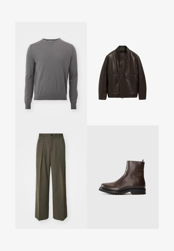 Brown leather jacket with a high collar, zip closure, and two large front pockets; features a smooth texture and relaxed fit design.; Tiger of Sweden CONNOR - Jumper - pavement; Filippa K WIDE TROUSERS - Trousers - driftwood; Brown leather ankle boot with a smooth texture, elastic side panels, pull tab at the back, and a rugged rubber sole.