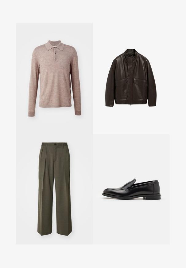 Brown leather jacket with a high collar, zip closure, and two large front pockets; features a smooth texture and relaxed fit design.; Brown long-sleeve polo shirt made from soft fabric, featuring a collar, three buttons, and ribbed cuffs, with a smooth texture and subtle pattern.; Filippa K WIDE TROUSERS - Trousers - driftwood; Black leather loafers with a smooth texture, rounded toe, and a decorative strap across the vamp. Low stacked heel, minimalist design.