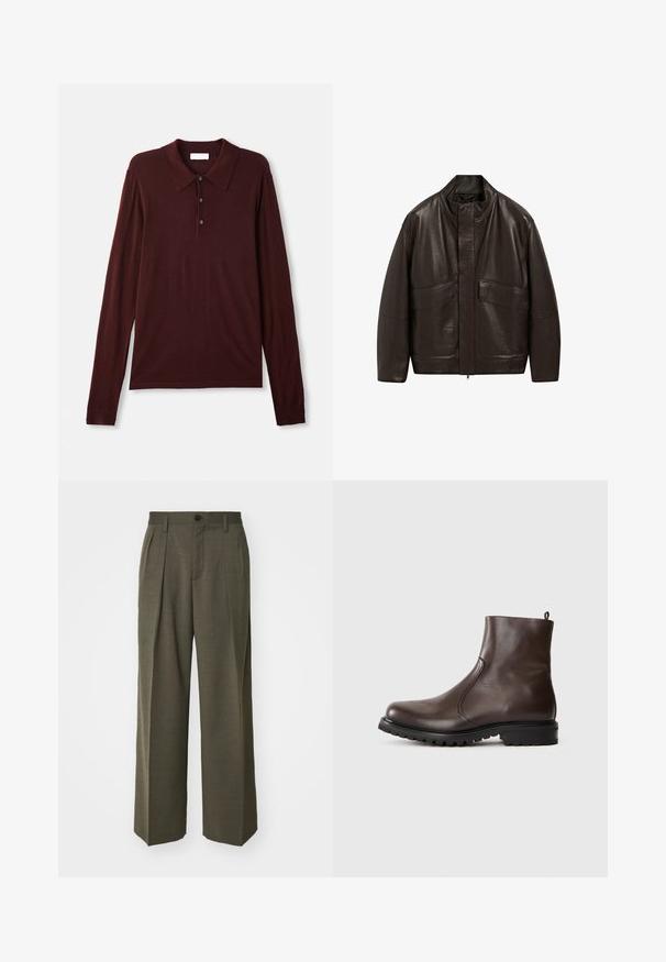 Braune Lederjacke mit hohem Kragen, Reißverschluss und zwei großen Fronttaschen; zeichnet sich durch eine glatte Textur und einen lässigen Schnitt aus.; Langärmliges, tiefburgunderfarbenes Poloshirt aus weichem Stoff. Mit klassischem Kragen, dreifacher Knopfleiste und taillierten Bündchen.; Filippa K WIDE TROUSERS - Stoffhose - driftwood; Braune Leder-Stiefeletten mit glatter Textur, elastischen seitlichen Einsätzen, einer Schlaufe hinten und einer robusten Gummisohle.