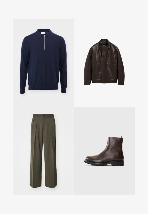 Braune Lederjacke mit hohem Kragen, Reißverschluss und zwei großen Fronttaschen; zeichnet sich durch eine glatte Textur und einen lässigen Schnitt aus.; Dunkelblauer Strickpullover mit Kragen, verfügt über einen halben Reißverschluss und gerippte Bündchen, gefertigt aus weichem, glattem Material.; Filippa K WIDE TROUSERS - Stoffhose - driftwood; Braune Leder-Stiefeletten mit glatter Textur, elastischen seitlichen Einsätzen, einer Schlaufe hinten und einer robusten Gummisohle.