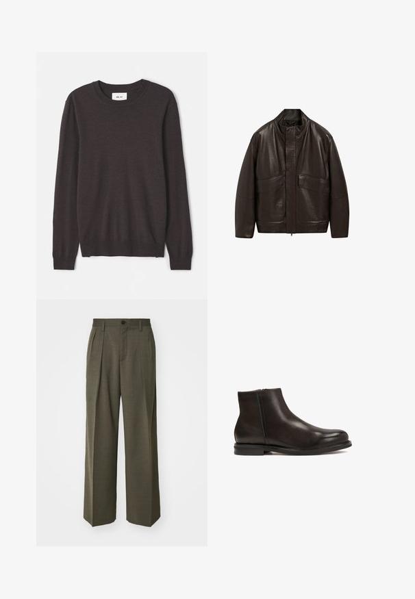 Brun läderjacka med hög krage, dragkedjestängning och två stora framfickor; har en slät yta och en avslappnad passform.; Mörkbrun stickad tröja med rundad halsringning, långa ärmar, ribbade manschetter och nederkant, slät textur och minimal varumärkesetikett.; Filippa K WIDE TROUSERS - Tygbyxor - driftwood; Svart läder ankelboot med en slät yta, rund tå och låg klack. Har en sidoglidare för enkel på- och avtagning.