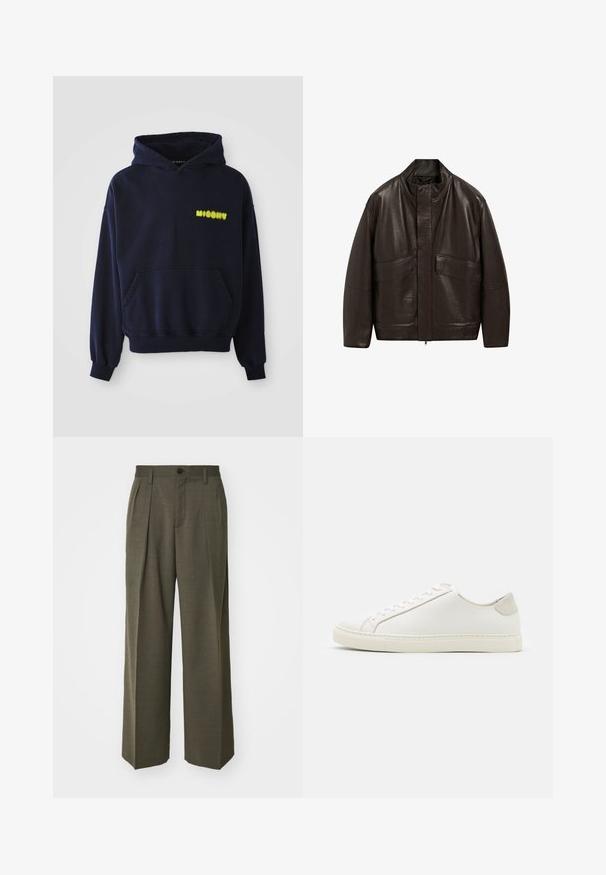 Bruine leren jas met een hoge kraag, ritssluiting en twee grote zijzakken; heeft een gladde textuur en een ontspannen pasvorm.; Marineblauwe hoodie met een voorzak en gele "MISBHV"-logo op de bovenste linkerborst, weergegeven op een witte achtergrond.; Filippa K WIDE TROUSERS - Broek - driftwood; Witte leren sneaker met een gladde oppervlakte, ronde neus en minimalistisch ontwerp. Heeft beige accenten op de hiel en een rubberen zool.