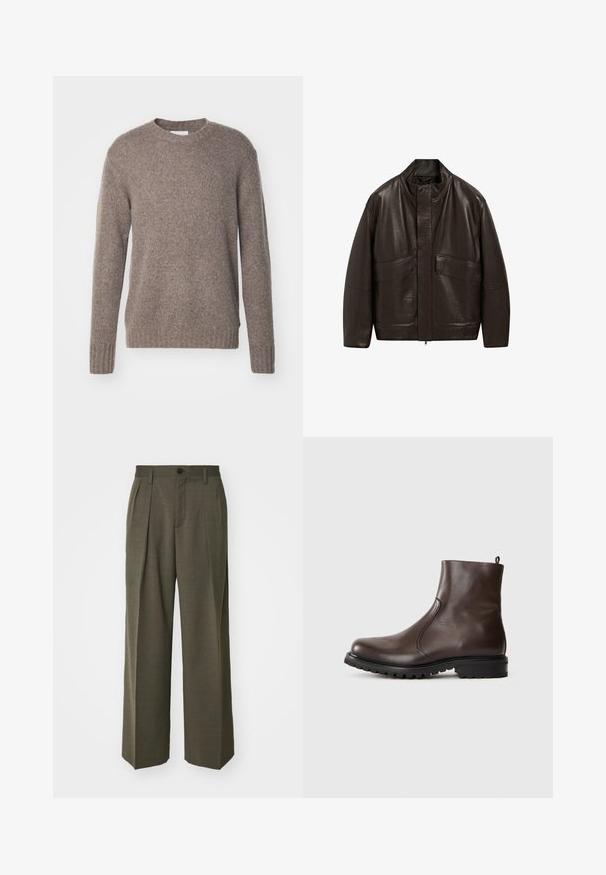 Hnědá kožená bunda s vysokým límcem, zipovým zapínáním a dvěma velkými předními kapsami; má hladkou texturu a volný střih.; Hnědý pletený svetr s kulatým výstřihem, dlouhými rukávy a žebrovanými manžetami a spodním lemem, s měkkým a strukturovaným povrchem.; Filippa K WIDE TROUSERS - Kalhoty - driftwood; Hnědé kožené kotníkové boty s hladkým povrchem, elastickými postranními panely, poutkem na zadní straně a robustní gumovou podrážkou.