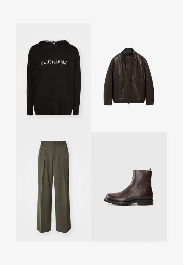 Hnědá kožená bunda s vysokým límcem, zipovým zapínáním a dvěma velkými předními kapsami; má hladkou texturu a volný střih.; Černá mikina s kapucí vyrobená z texturované látky s vroubkovaným lemem. Na přední straně je nápis "BLUEMARBLE" z kontrastního materiálu.; Filippa K WIDE TROUSERS - Kalhoty - driftwood; Hnědé kožené kotníkové boty s hladkým povrchem, elastickými postranními panely, poutkem na zadní straně a robustní gumovou podrážkou.