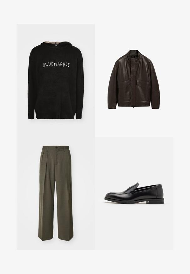 Hnědá kožená bunda s vysokým límcem, zipovým zapínáním a dvěma velkými předními kapsami; má hladkou texturu a volný střih.; Černá mikina s kapucí vyrobená z texturované látky s vroubkovaným lemem. Na přední straně je nápis "BLUEMARBLE" z kontrastního materiálu.; Filippa K WIDE TROUSERS - Kalhoty - driftwood; Černé kožené polobotky s hladkou texturou, zaoblenou špičkou a zdobným páskem přes nárt. Nízký stohovaný podpatek, minimalistický design.