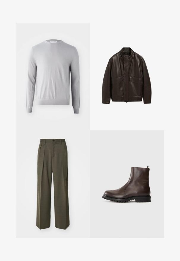 Braune Lederjacke mit hohem Kragen, Reißverschluss und zwei großen Fronttaschen; zeichnet sich durch eine glatte Textur und einen lässigen Schnitt aus.; Hellgrauer langärmliger Pullover mit Rundhalsausschnitt, aus weichem Stoff gefertigt, mit glatter Textur und gerippten Bündchen und Saum.; Filippa K WIDE TROUSERS - Stoffhose - driftwood; Braune Leder-Stiefeletten mit glatter Textur, elastischen seitlichen Einsätzen, einer Schlaufe hinten und einer robusten Gummisohle.