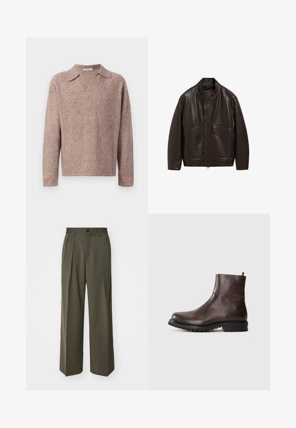 Bruine leren jas met een hoge kraag, ritssluiting en twee grote zijzakken; heeft een gladde textuur en een ontspannen pasvorm.; Bruine gebreide trui met een V-hals en puntige kraag. Bevat een ruitpatroon en lange mouwen, gemaakt van een zachte, gestructureerde stof.; Filippa K WIDE TROUSERS - Broek - driftwood; Bruine leren enkelboot met een gladde textuur, elastische zijpanelen, een trekband aan de achterkant en een robuuste rubberen zool.