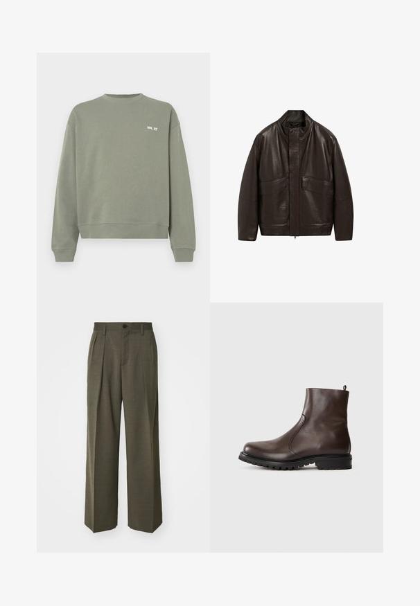 Brown leather jacket with a high collar, zip closure, and two large front pockets; features a smooth texture and relaxed fit design.; Olive green sweatshirt made from cotton, featuring a crew neckline, ribbed cuffs, and a small white text logo on the chest.; Filippa K WIDE TROUSERS - Trousers - driftwood; Brown leather ankle boot with a smooth texture, elastic side panels, pull tab at the back, and a rugged rubber sole.