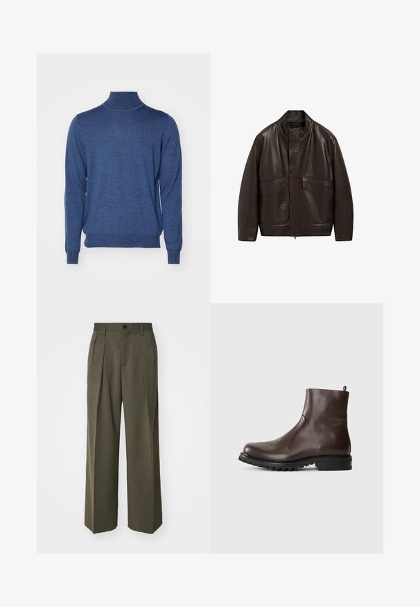 Giubbotto in pelle marrone con colletto alto, chiusura a zip e due grandi tasche frontali; presenta una texture liscia e un design dalla vestibilità comoda.; Maglione blu a collo alto realizzato in tessuto lavorato a maglia. Maniche lunghe, polsini e orlo a coste. Texture leggera con una finitura liscia.; Filippa K WIDE TROUSERS - Pantaloni - driftwood; Stivale alla caviglia in pelle marrone con una texture liscia, pannelli laterali elasticizzati, linguetta sul retro e suola in gomma robusta.