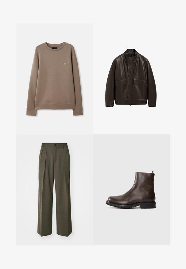 Brązowa skórzana kurtka z wysokim kołnierzem, zapięciem na zamek i dwiema dużymi kieszeniami z przodu; charakteryzuje się gładką fakturą i luźnym krojem.; Brązowa bluza z długim rękawem i okrągłym dekoltem z małą naszywką logo Emporio Armani po lewej stronie klatki piersiowej, zaprezentowana na jednolitym białym tle.; Filippa K - Spodnie materiałowe; Brązowe skórzane botki za kostkę o gładkiej powierzchni, z elastycznymi bocznymi panelami, pętelką z tyłu oraz wytrzymałą gumową podeszwą.