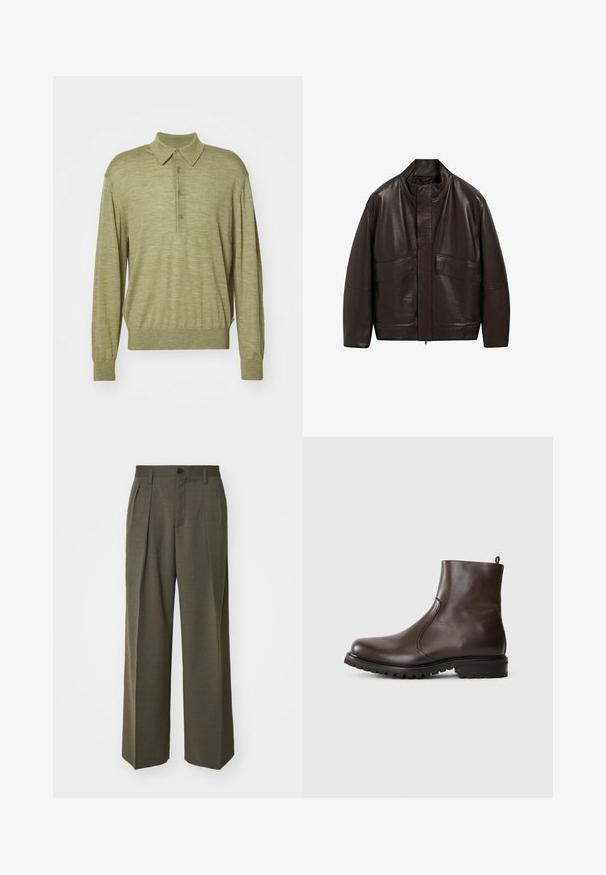 Braune Lederjacke mit hohem Kragen, Reißverschluss und zwei großen Fronttaschen; zeichnet sich durch eine glatte Textur und einen lässigen Schnitt aus.; Langärmliges Poloshirt in gedämpftem Olivgrün, aus weichem Stoff gefertigt. Verfügt über einen klassischen Kragen und eine Drei-Knopf-Leiste. Gerippter Saum und Bündchen.; Filippa K WIDE TROUSERS - Stoffhose - driftwood; Braune Leder-Stiefeletten mit glatter Textur, elastischen seitlichen Einsätzen, einer Schlaufe hinten und einer robusten Gummisohle.