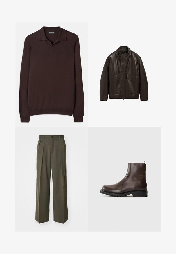 Giubbotto in pelle marrone con colletto alto, chiusura a zip e due grandi tasche frontali; presenta una texture liscia e un design dalla vestibilità comoda.; Dondup REGULAR FIT SHIRT - Maglione - cioccolato; Filippa K WIDE TROUSERS - Pantaloni - driftwood; Stivale alla caviglia in pelle marrone con una texture liscia, pannelli laterali elasticizzati, linguetta sul retro e suola in gomma robusta.