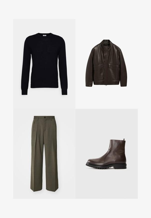 Brown leather jacket with a high collar, zip closure, and two large front pockets; features a smooth texture and relaxed fit design.; Black long-sleeve sweater made from soft knit material. Round neckline, ribbed cuffs and hem. Minimalist design with no visible patterns or buttons.; Filippa K WIDE TROUSERS - Trousers - driftwood; Brown leather ankle boot with a smooth texture, elastic side panels, pull tab at the back, and a rugged rubber sole.