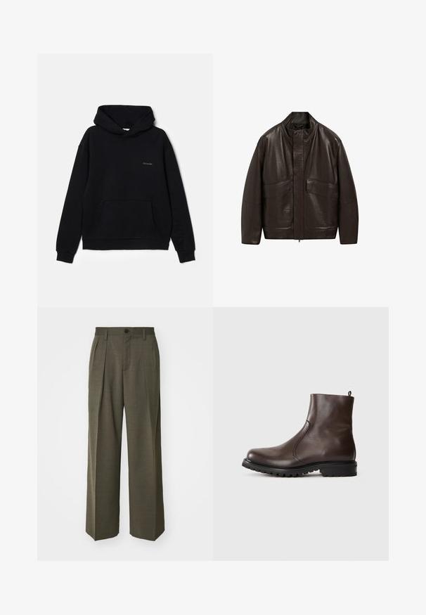 Giubbotto in pelle marrone con colletto alto, chiusura a zip e due grandi tasche frontali; presenta una texture liscia e un design dalla vestibilità comoda.; Felpa nera realizzata in tessuto morbido, con tasca frontale, cappuccio con lacci e logo ricamato discreto sul petto. Design classico a pullover.; Filippa K WIDE TROUSERS - Pantaloni - driftwood; Stivale alla caviglia in pelle marrone con una texture liscia, pannelli laterali elasticizzati, linguetta sul retro e suola in gomma robusta.