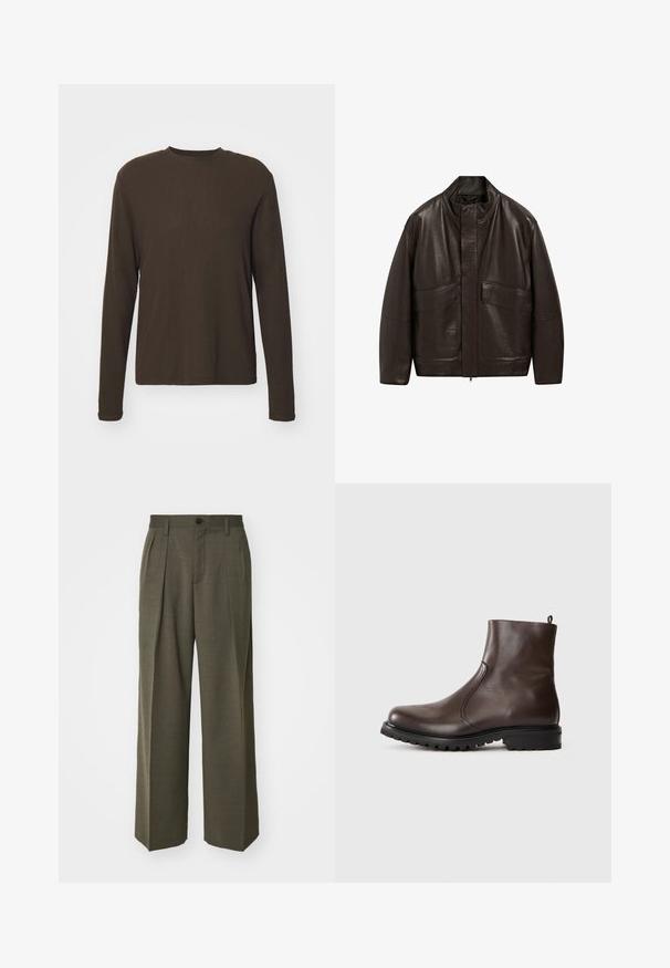 Bruine leren jas met een hoge kraag, ritssluiting en twee grote zijzakken; heeft een gladde textuur en een ontspannen pasvorm.; Langsleeve t-shirt met ronde hals in donkerbruin. Gemaakt van een gladde, stretchy stof met een rechte snit en minimale naden. Geen patronen of accenten.; Filippa K WIDE TROUSERS - Broek - driftwood; Bruine leren enkelboot met een gladde textuur, elastische zijpanelen, een trekband aan de achterkant en een robuuste rubberen zool.
